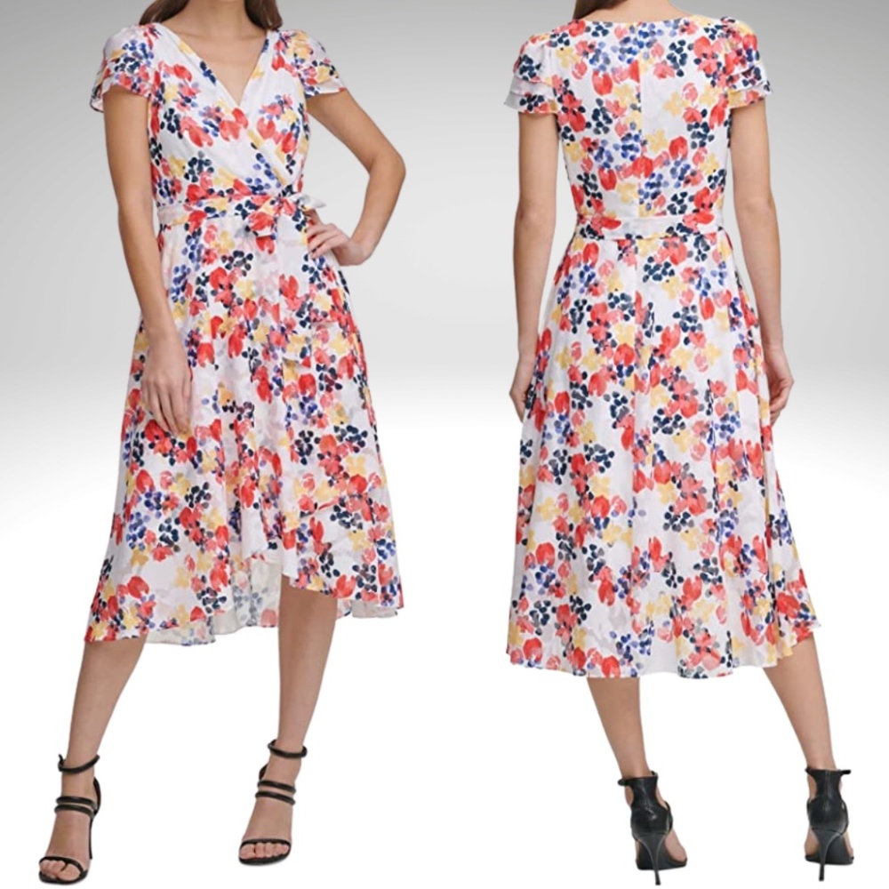 NWT! DKNY Floral Faux Wrap Belted Midi Dress Size 4